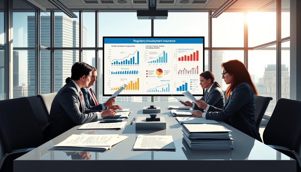 A visually engaging representation of regulatory evolutions in unemployment insurance, featuring a stylized office environment. In the foreground, a diverse group of professionals in business attire discusses documents and graphs at a modern conference table, showcasing a sense of collaboration and urgency. The middle ground displays charts and infographics projected on a screen, illustrating the changes in laws and their impact on unemployment benefits. The background features large windows with a cityscape view, as sunlight pours in, creating a bright and optimistic atmosphere. Use a wide-angle lens to capture this dynamic scene and emphasize the importance of the discussion. The overall mood is one of innovation and adaptation to new regulatory landscapes. A visually engaging representation of regulatory evolutions in unemployment insurance, featuring a stylized office environment. In the foreground, a diverse group of professionals in business attire discusses documents and graphs at a modern conference table, showcasing a sense of collaboration and urgency. The middle ground displays charts and infographics projected on a screen, illustrating the changes in laws and their impact on unemployment benefits. The background features large windows with a cityscape view, as sunlight pours in, creating a bright and optimistic atmosphere. Use a wide-angle lens to capture this dynamic scene and emphasize the importance of the discussion. The overall mood is one of innovation and adaptation to new regulatory landscapes.