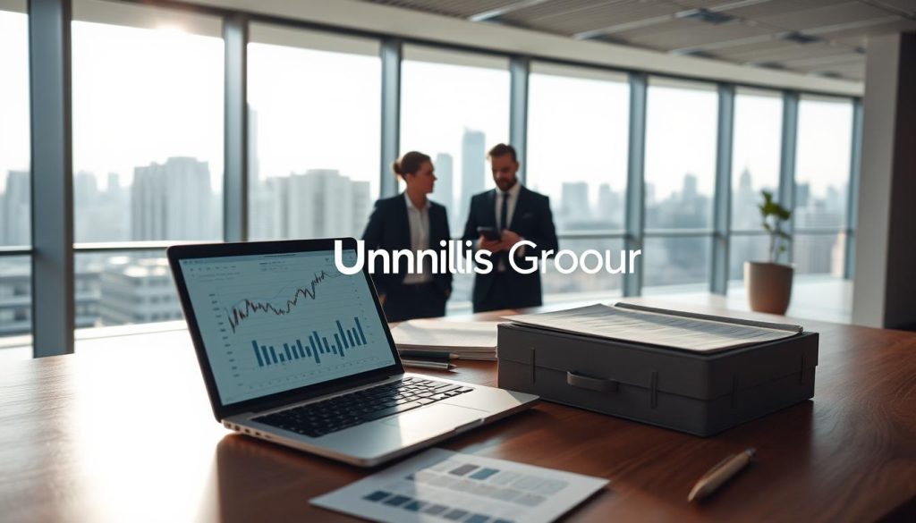 A visually engaging representation of risk measures in finance, featuring a sleek, modern workspace in the foreground with a polished wooden desk, a laptop displaying financial graphs, and a notepad filled with calculations. In the middle ground, a diverse team of three professionals—two men and one woman—dressed in business attire, are actively discussing strategies, highlighting collaboration and professionalism. The background showcases a large, floor-to-ceiling window with a cityscape view, emphasizing ambition and forward-thinking. Soft, natural lighting streams in, creating an inviting atmosphere. The mood is focused yet optimistic, symbolizing the importance of risk management in achieving financial stability. Include the brand name "Umalis Group" subtly integrated into the environment, reflecting expertise and reliability.