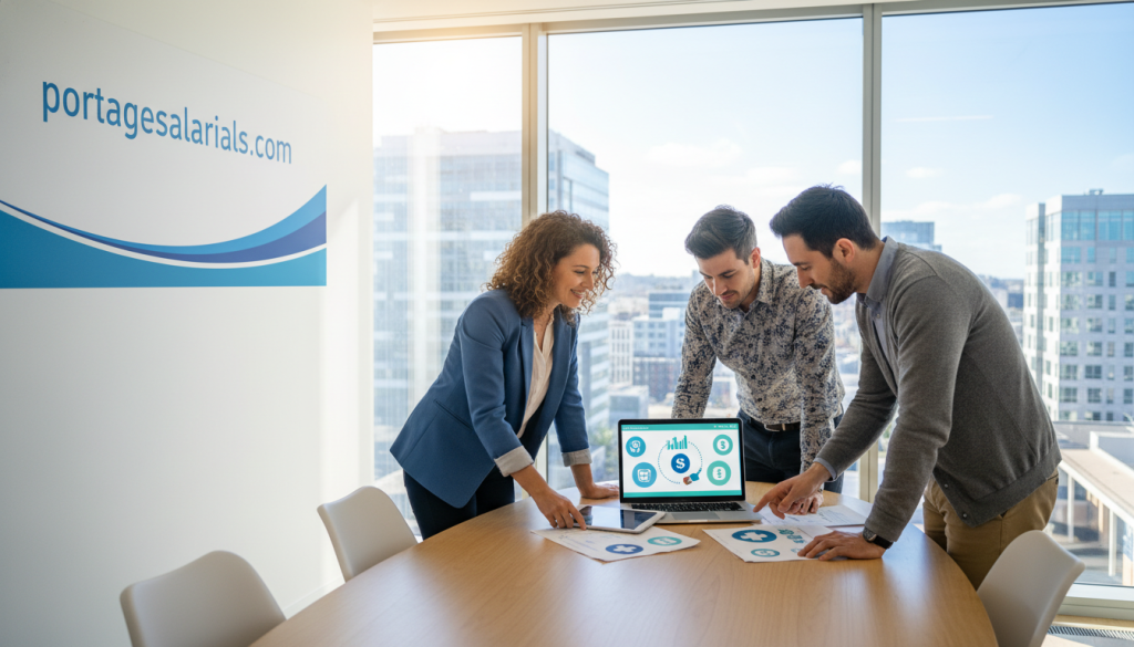 A visually engaging representation of “sécurité sociale” in a modern office setting. In the foreground, a diverse group of three professionals—one woman and two men—dressed in smart casual attire, are discussing health insurance documents over a sleek conference table. The middle ground features an open laptop with data graphs and social security icons, like the SS logo and healthcare symbols, clearly displayed. In the background, a large window allows natural light to flood in, showcasing a cityscape, enhancing the feeling of a bustling workplace. The mood is collaborative and optimistic, emphasizing support and workers’ rights. A subtle hint of the website "portagesalarials.com" can be incorporated as a decorative element in the office, promoting its services.