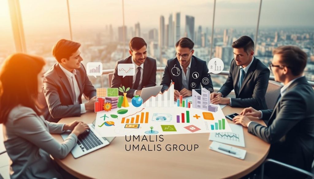 A visually engaging representation of various economic sectors characterized by their unique traits. In the foreground, depict diverse professionals in business attire collaborating at a round table. They are discussing sector-specific charts and graphs, emphasizing teamwork and innovation. The middle ground should include vibrant illustrations of key industries: technology (depicted by computers and coding), agriculture (with fields and crops), healthcare (featuring medical symbols), and finance (illustrated with currency and stock graphs). In the background, create a city skyline, symbolizing growth and opportunity. Ensure the lighting is warm and inviting, suggesting optimism and productivity. The lens is slightly wide-angle, capturing the dynamic atmosphere of collaboration and potential. Incorporate the brand name "UMALIS GROUP" subtly within the design, enhancing the professional context without distractions.
