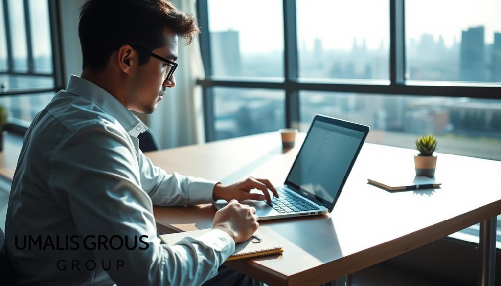 A visually engaging scene depicting a freelancer at a stylish, modern workspace. In the foreground, a young professional in smart casual attire (no logos, just a neat shirt and trousers) is intently focused on their laptop, showcasing an expression of concentration and determination. In the middle ground, a well-organized desk holds essential freelance tools like a notebook, coffee cup, and a small plant, emphasizing productivity and creativity. The background features a large window with natural light pouring in, casting soft shadows, and a city skyline visible outside, symbolizing opportunity. The atmosphere is vibrant yet calming, underscoring the idea of optimizing a freelance career with hints of blue and green tones. The image should subtly include branding elements of "UMALIS GROUP" in the workspace, reflecting a professional environment.