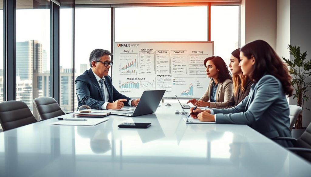 A visually engaging scene depicting a professional setting where market analysis is being conducted. In the foreground, a diverse group of three consultants, dressed in smart business attire, are gathered around a sleek conference table. One consultant, a middle-aged man with glasses, is presenting charts and graphs on a laptop, while a young woman takes notes. The middle space features a large whiteboard filled with market insights and pricing strategies. In the background, a window shows a cityscape, bathed in natural light, enhancing a productive atmosphere. The mood is focused and collaborative, capturing the essence of adapting pricing to market realities. Include subtle branding elements of "UMALIS GROUP" in the office decor, seamlessly integrated into the environment.