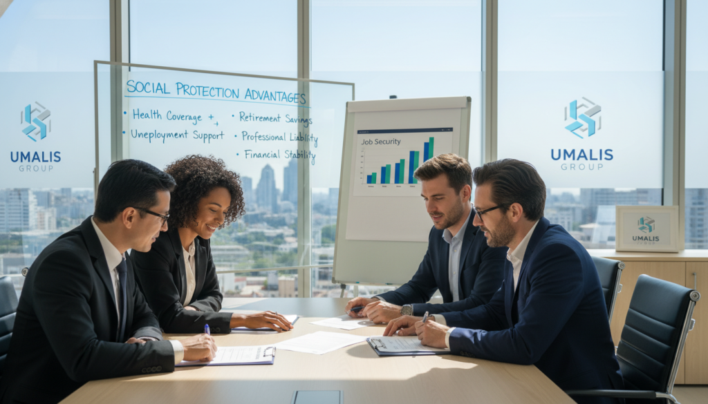A visually engaging scene illustrating the advantages of social protection in salary portage, featuring a diverse group of professionally dressed individuals engaged in a discussion around a conference table. In the foreground, two professionals are reviewing documents related to employee benefits, their expressions reflecting focus and collaboration. In the middle, a whiteboard displays key points about social security advantages, while a laptop shows graphs related to financial stability and job security. The background includes a bright, modern office environment with large windows allowing natural light to flood the space, creating an optimistic atmosphere. The image is crisp and well-lit, with a shallow depth of field to emphasize the subjects while softly blurring the background. Include elements like the logo of Umalis Group subtly integrated into the office decor, ensuring it resonates with the theme of professional support and security.