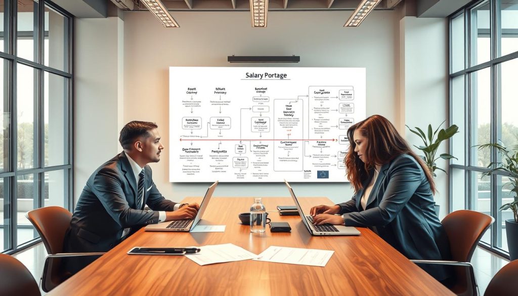 A visually engaging scene illustrating the tripartite relationship in salary portage, featuring three professional individuals representing the consultant, the client company, and the portage company. In the foreground, a diverse trio of professionals in business attire are engaged in a discussion at a modern conference table, with laptops and documents spread out before them. In the middle ground, a large whiteboard is filled with diagrams and flowcharts depicting the salary portage process and benefits. In the background, large windows let in natural light, casting a warm glow over the workspace, creating an atmosphere of collaboration and innovation. The camera angle is slightly elevated to capture both the interaction and the environment, conveying a sense of professionalism and synergy. A visually engaging scene illustrating the tripartite relationship in salary portage, featuring three professional individuals representing the consultant, the client company, and the portage company. In the foreground, a diverse trio of professionals in business attire are engaged in a discussion at a modern conference table, with laptops and documents spread out before them. In the middle ground, a large whiteboard is filled with diagrams and flowcharts depicting the salary portage process and benefits. In the background, large windows let in natural light, casting a warm glow over the workspace, creating an atmosphere of collaboration and innovation. The camera angle is slightly elevated to capture both the interaction and the environment, conveying a sense of professionalism and synergy.