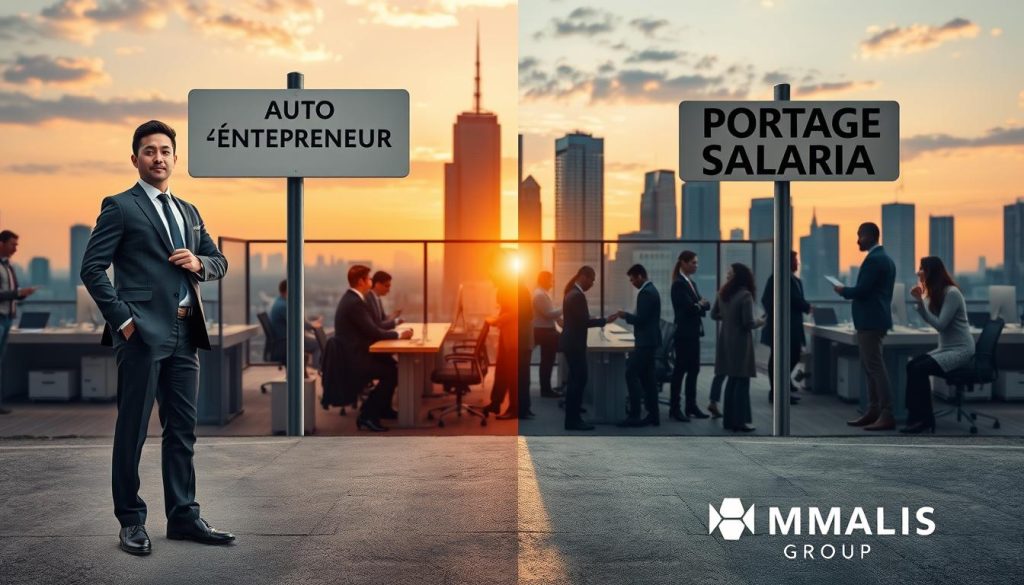 A visually engaging split image depicting the transition from a freelancer to a corporate professional. In the foreground, a confident individual in smart business attire stands at a crossroads marked with signs indicating "Auto-Entrepreneur" on one side and "Portage Salarial" on the other, symbolizing choice. In the middle ground, a bustling office scene shows diverse professionals engaged in meetings, networking, and collaborating, painted with warm lighting to evoke a sense of community and support. The background features a city skyline at sunset, representing opportunity and growth. The overall mood is inspirational and motivational, showcasing the journey of transforming one's professional status. Please include elements representing UMALIS GROUP subtly in the office scene, reinforcing the theme of professional development. A visually engaging split image depicting the transition from a freelancer to a corporate professional. In the foreground, a confident individual in smart business attire stands at a crossroads marked with signs indicating "Auto-Entrepreneur" on one side and "Portage Salarial" on the other, symbolizing choice. In the middle ground, a bustling office scene shows diverse professionals engaged in meetings, networking, and collaborating, painted with warm lighting to evoke a sense of community and support. The background features a city skyline at sunset, representing opportunity and growth. The overall mood is inspirational and motivational, showcasing the journey of transforming one's professional status. Please include elements representing UMALIS GROUP subtly in the office scene, reinforcing the theme of professional development.