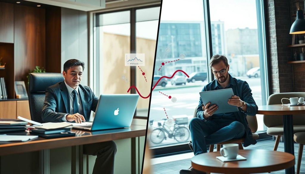 A visually engaging split-screen image illustrating the comparison between portage salarial and freelance work. On the left side, depict a professional individual in business attire sitting at a desk, surrounded by documents and a laptop with the logo "PORTAGE AI" visible on the screen. On the right side, show a freelancer casually working in a cozy coffee shop, dressed comfortably, with a laptop surrounded by notebooks and coffee cups. In the middle, use a diagonal separator that symbolizes the distinction between the two work styles, accompanied by flowing charts or icons representing flexibility and structure. Bright, natural lighting from large windows in the coffee shop contrasted with the warm, focused lighting of the office scene sets a professional yet inviting atmosphere. The image should feel informative and dynamic, highlighting the differences clearly.