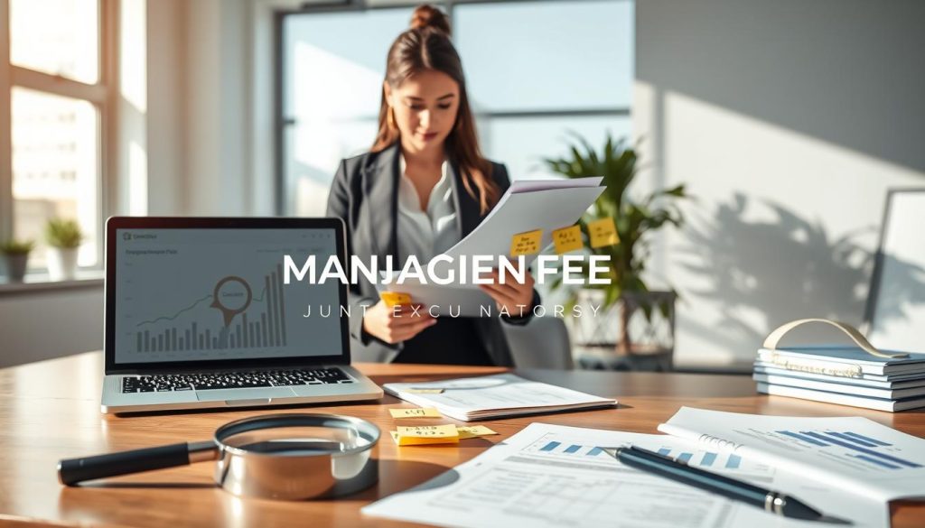 A visually engaging workspace scene focused on the theme of management fees and account units. In the foreground, a sleek desk adorned with a modern laptop displaying financial charts, a magnifying glass, and professional documents with graphs indicating different fees over time. In the middle ground, a confident businesswoman in professional attire, focused on reviewing a report, surrounded by sticky notes highlighting various aspects of fees and dates. The background features a minimalistic office environment with large windows allowing natural light to illuminate the scene, casting soft shadows. The overall atmosphere is one of clarity and professionalism, evoking the importance of transparency in financial management. The brand name "UMALIS GROUP" subtly integrated into the design without overwhelming the visual elements.
