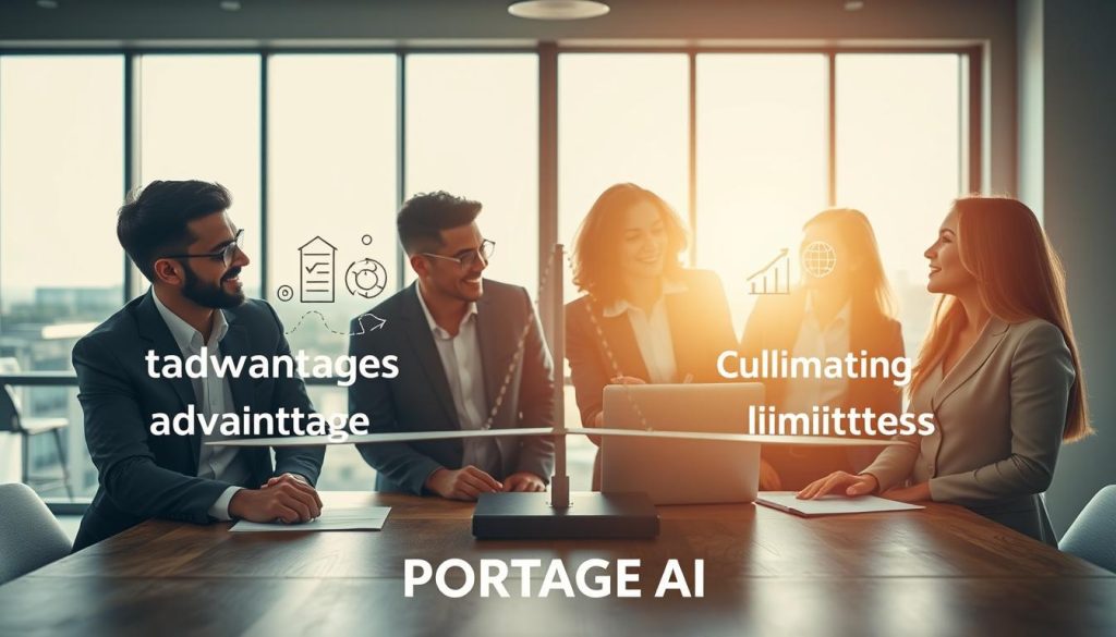 A visually informative composition illustrating the advantages and disadvantages of "portage salarial" for professionals. In the foreground, a diverse group of four business people, two men and two women dressed in professional business attire, are engaged in a discussion, with a laptop and documents on a wooden table. In the middle, a balanced scale visually represents 'advantages' on one side, with icons like growth and flexibility, and 'disadvantages' on the other side, showcasing icons like cost and limitations. The background features a bright, modern office with large windows allowing natural light to cascade in, creating an optimistic ambiance. The lighting is warm and inviting, suggesting professionalism and collaboration. The image should embody a thoughtful, informative atmosphere that encourages reflection on the topic. Include the brand name "PORTAGE AI" subtly incorporated into the design.