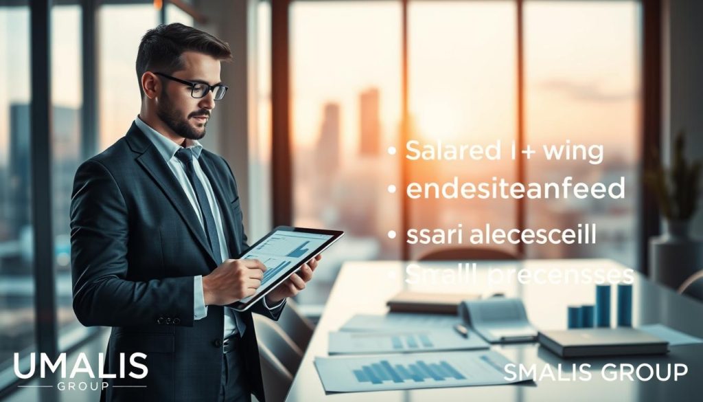 A visually informative image illustrating the comparison of fiscal statuses for independent workers, including salaried portage, freelancers, and small business owners. In the foreground, a well-dressed professional in business attire, standing confidently with a thoughtful expression, analyzing charts and graphs displayed on a modern digital tablet. In the middle ground, a sleek, modern office setting with a large window showing a cityscape, illuminated by soft, warm lighting that creates an inviting atmosphere. In the background, blurred financial documents and physical charts on a table represent different fiscal strategies. The overall mood conveys professionalism, clarity, and focus. Incorporate the brand name "UMALIS GROUP" subtly in the design elements to give a sense of branding without overpowering the core theme.