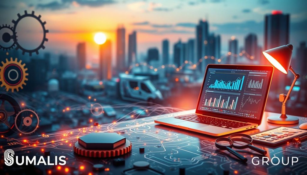 A visually rich representation of "technical SEO foundations," featuring an abstract digital landscape in the foreground, with gears, circuit patterns, and a glowing blueprint symbolizing interconnected algorithms. In the middle ground, a modern workspace with a laptop displaying analytics graphs and coding lines, surrounded by various SEO tools like magnifying glasses and keyword charts. In the background, a futuristic city skyline lit by a sunset glow, evoking innovation and digital advancement. The scene is illuminated with soft, diffused lighting to create a professional yet inviting atmosphere. The image should reflect the advanced nature of SEO techniques. The branding "UMALIS GROUP" subtly integrated into the design without overshadowing the main elements.