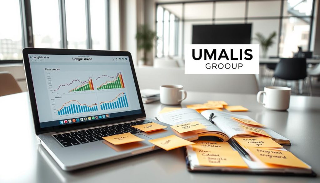 A visually striking and informative image representing the concept of "longue traîne" in an SEO context. In the foreground, a well-organized workspace features a sleek laptop displaying graphs of keyword performance metrics, along with sticky notes arranged in a creative pattern, highlighting various long-tail keywords. The middle ground includes a partially open notebook filled with strategic notes and a cup of coffee, conveying a sense of active planning. In the background, a modern, bright office setting with large windows allows natural light to flood the scene, enhancing clarity and focus. The atmosphere is professional and inspiring, reflecting strategic thinking in digital marketing. The brand name "UMALIS GROUP" subtly appears on the laptop screen, ensuring brand visibility without overwhelming the image.