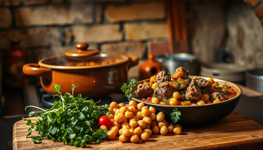 A visually striking and richly detailed image of "البورطاج السالاريال", a traditional North African stew. Set in a cozy, dimly lit kitchen, the scene showcases the dish simmering in a large, ceramic pot on a rustic stove. The savory aroma of spices and simmering meat fills the air, creating an inviting atmosphere. In the foreground, freshly chopped vegetables and aromatic herbs sit upon a wooden cutting board, ready to be added to the flavorful broth. The middle ground features the stew's key ingredients - tender lamb, hearty chickpeas, and vibrant vegetables - all coming together in a harmonious blend of colors and textures. The background reveals a weathered, brick wall, adding a sense of authentic, homely charm to the scene. The lighting is warm and natural, casting a soft, golden glow over the entire composition, emphasizing the comforting and nourishing nature of this iconic dish.