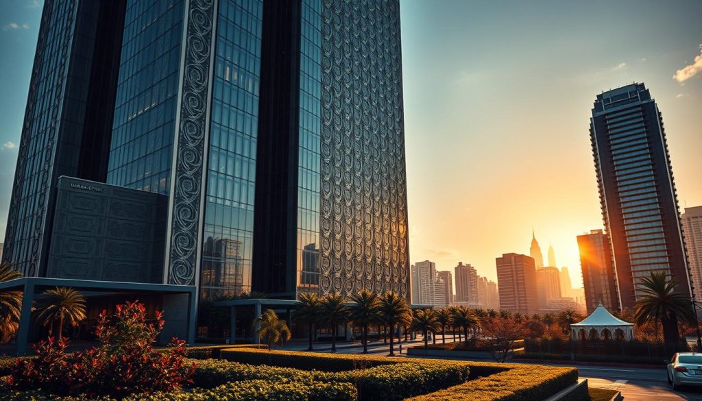 A visually striking architectural landscape, showcasing the Umalis Group's corporate headquarters. The building stands tall, its modern design featuring sleek lines and towering glass facades that reflect the surrounding environment. Intricate patterns and textures adorn the facade, conveying a sense of strength, stability, and authority. The image is bathed in warm, directional lighting, casting dramatic shadows that emphasize the building's imposing presence. In the foreground, a well-manicured garden adds a touch of natural elegance, while the background features a bustling city skyline, emphasizing the Umalis Group's influential position within the domain. The overall composition evokes a sense of power, credibility, and unwavering domain authority.