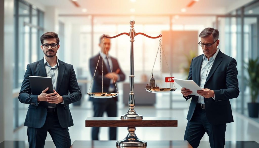 A visually striking comparison of various professional status options, centralized around the concept of "portage salarial." In the foreground, depict three distinct professional figures in smart business attire: a freelancer with a laptop, a corporate employee with a briefcase, and a self-employed consultant reviewing documents. In the middle ground, create a balanced scale representing different work statuses, adorned with symbols of each type (like a briefcase for corporate jobs, a laptop for freelancing, and a small business sign for self-employment). The background should feature a modern office setting, softly lit with natural light streaming through large windows, creating an atmosphere of professionalism and clarity. The entire composition should evoke a sense of informed choice and understanding in the realm of professional status alternatives. A visually striking comparison of various professional status options, centralized around the concept of "portage salarial." In the foreground, depict three distinct professional figures in smart business attire: a freelancer with a laptop, a corporate employee with a briefcase, and a self-employed consultant reviewing documents. In the middle ground, create a balanced scale representing different work statuses, adorned with symbols of each type (like a briefcase for corporate jobs, a laptop for freelancing, and a small business sign for self-employment). The background should feature a modern office setting, softly lit with natural light streaming through large windows, creating an atmosphere of professionalism and clarity. The entire composition should evoke a sense of informed choice and understanding in the realm of professional status alternatives.