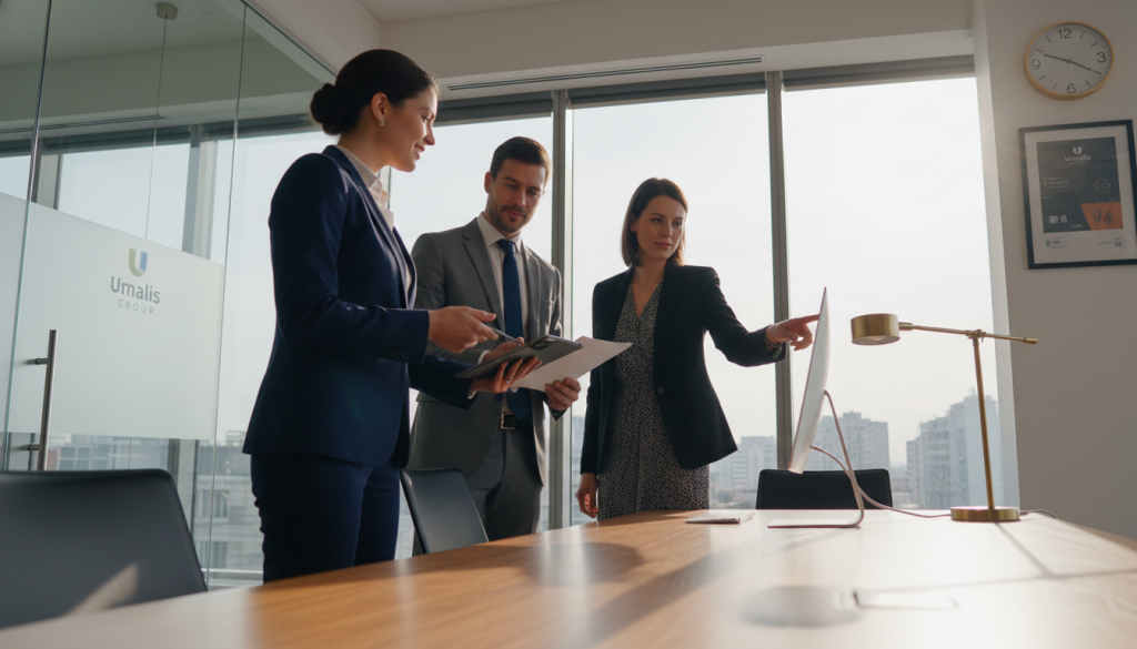 A visually striking composition illustrating "Relation triangulaire portage salarial," featuring three interconnected elements: a consultant in a professional business attire, a company representative, and a financial advisor, all depicted in a harmonious triangular formation. In the foreground, the consultant confidently engages in discussion, exuding professionalism. The middle layer showcases the company representative and financial advisor exchanging insights, with a backdrop of a modern office environment, adorned with sleek furniture and large windows letting in natural light. The atmosphere is one of collaboration and trust, highlighted by warm lighting that adds a sense of security. Captured from a dynamic angle, ensuring clarity of facial expressions and surrounding details. Incorporate subtle branding elements of "Umalis Group" within the office setting, ensuring a cohesive and professional look.