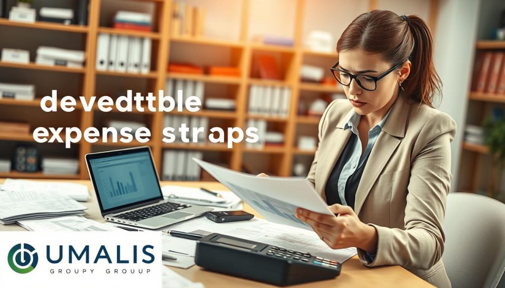 A visually striking composition illustrating the concept of "deductible expenses traps" in a business setting. In the foreground, a professional-looking woman in smart business attire reviews financial documents with a concerned expression, emphasizing the importance of understanding tax deductions. In the middle, a table is cluttered with various tax-related items like receipts, calculators, and a laptop displaying graphs and charts. In the background, a soft-focus office environment with shelving filled with financial books and notes. The lighting is bright and warm, creating an atmosphere of urgency and awareness. The image captures the essence of optimizing finances, framed beautifully with the logo of "UMALIS GROUP" subtly integrated into the scene, ensuring a cohesive professional appearance. A visually striking composition illustrating the concept of "deductible expenses traps" in a business setting. In the foreground, a professional-looking woman in smart business attire reviews financial documents with a concerned expression, emphasizing the importance of understanding tax deductions. In the middle, a table is cluttered with various tax-related items like receipts, calculators, and a laptop displaying graphs and charts. In the background, a soft-focus office environment with shelving filled with financial books and notes. The lighting is bright and warm, creating an atmosphere of urgency and awareness. The image captures the essence of optimizing finances, framed beautifully with the logo of "UMALIS GROUP" subtly integrated into the scene, ensuring a cohesive professional appearance.