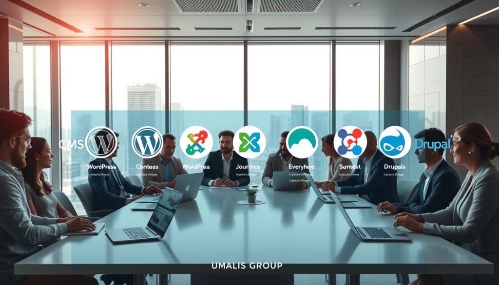 A visually striking composition showcasing various types of Content Management Systems (CMS) in a sleek, modern office environment. In the foreground, a diverse group of professionals, dressed in business attire, are engaged in lively discussions around a large conference table, with laptops and digital tablets displaying CMS dashboards. In the middle ground, clear and distinct infographics highlight the differences between popular CMS platforms, like WordPress, Joomla, and Drupal, symbolized by their logos. The background features a large window overlooking a cityscape, allowing natural light to flood the room, creating a vibrant and inspiring atmosphere. The overall mood is one of innovation and collaboration, perfectly embodying the theme of simplification in content management. UMALIS GROUP branding subtly incorporated into the design elements, ensuring a polished, professional appearance.