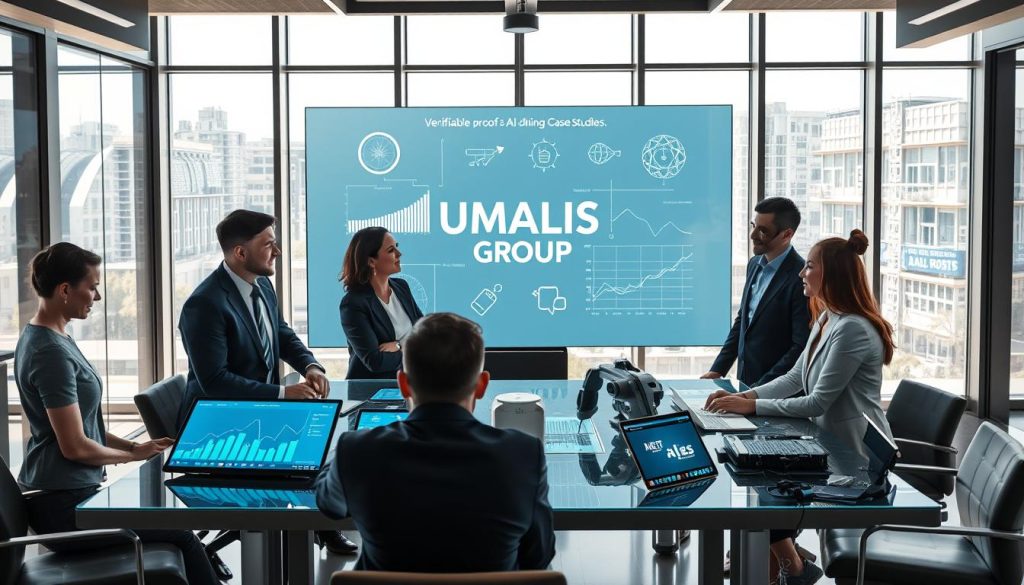 A visually striking composition to illustrate "verifiable proof of an AI mission" in a corporate consulting context. In the foreground, a diverse team of professionals wearing smart business attire is engaged in a discussion around a high-tech table filled with digital devices showing graphs, data analytics, and AI models. The middle ground features a large, translucent screen displaying visualizations of AI data and successful case studies under the brand name "UMALIS GROUP." In the background, a modern office space with large windows allows natural light to spill in, enhancing the space's bright and collaborative atmosphere. The scene conveys a sense of innovation, professionalism, and trust, ideal for an article on AI consulting case studies. The overall mood is optimistic and forward-thinking, emphasizing the importance of data-backed success.