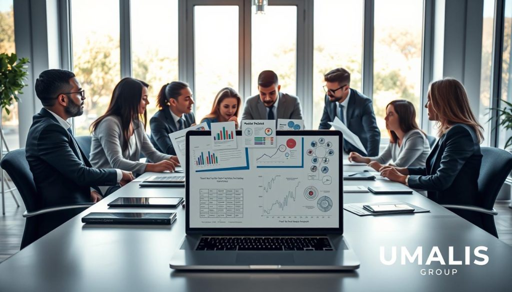 A visually striking concept depicting "concrete examples of portage salarial missions." In the foreground, a diverse group of professionals in business attire engage in a dynamic brainstorming session around a modern conference table, showcasing collaborative energy. The middle ground features an open laptop with documents and charts illustrating various freelance projects, emphasizing organization and productivity. In the background, large windows allow natural light to flood the scene, providing a bright and optimistic atmosphere. The scene is shot from a slightly elevated angle, enhancing depth and focus on the professionals’ interactions. Subtle branding for "UMALIS GROUP" is integrated into the overall design, enhancing the connection to the subject while keeping it professional and sleek. The mood is empowering, reflecting innovation in the freelance economy. A visually striking concept depicting "concrete examples of portage salarial missions." In the foreground, a diverse group of professionals in business attire engage in a dynamic brainstorming session around a modern conference table, showcasing collaborative energy. The middle ground features an open laptop with documents and charts illustrating various freelance projects, emphasizing organization and productivity. In the background, large windows allow natural light to flood the scene, providing a bright and optimistic atmosphere. The scene is shot from a slightly elevated angle, enhancing depth and focus on the professionals’ interactions. Subtle branding for "UMALIS GROUP" is integrated into the overall design, enhancing the connection to the subject while keeping it professional and sleek. The mood is empowering, reflecting innovation in the freelance economy.
