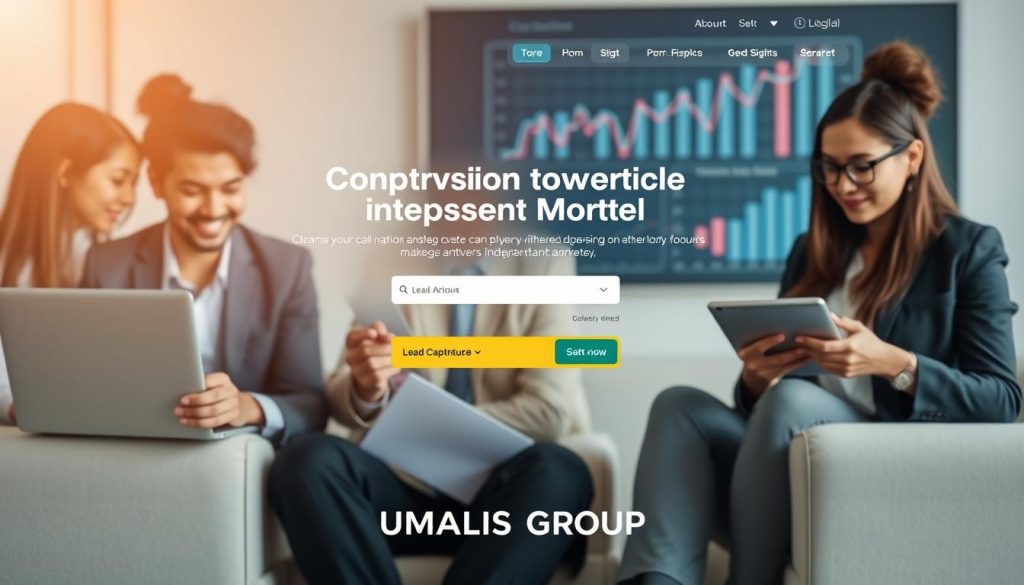 A visually striking conversion landing page showcasing a sleek design centered around lead generation techniques for independent marketers. In the foreground, focus on a clean, user-friendly layout featuring engaging call-to-action buttons and an eye-catching lead capture form. The middle layer includes professional, diverse individuals in business attire examining the landing page on modern laptops and tablets, depicting collaboration and strategy. In the background, a subtle digital marketing theme with graphs and analytics can be suggested, creating a tech-savvy environment. Use soft, natural lighting to enhance the professionalism and clarity of the scene. Aim for a modern and motivating atmosphere, emphasizing the successful optimization of conversion rates. The image should prominently display the brand name "UMALIS GROUP." A visually striking conversion landing page showcasing a sleek design centered around lead generation techniques for independent marketers. In the foreground, focus on a clean, user-friendly layout featuring engaging call-to-action buttons and an eye-catching lead capture form. The middle layer includes professional, diverse individuals in business attire examining the landing page on modern laptops and tablets, depicting collaboration and strategy. In the background, a subtle digital marketing theme with graphs and analytics can be suggested, creating a tech-savvy environment. Use soft, natural lighting to enhance the professionalism and clarity of the scene. Aim for a modern and motivating atmosphere, emphasizing the successful optimization of conversion rates. The image should prominently display the brand name "UMALIS GROUP."