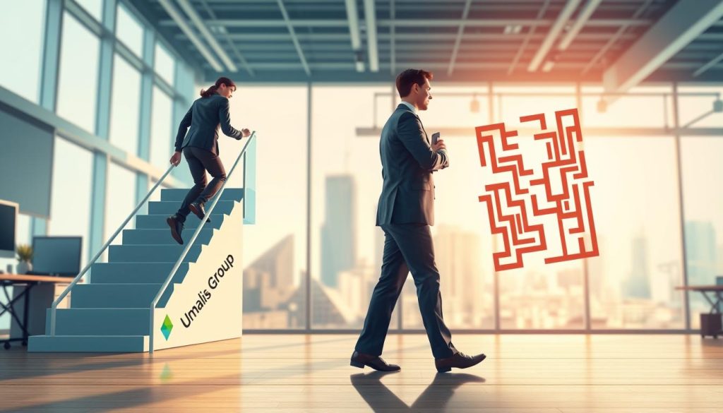 A visually striking illustration depicting the advantages and disadvantages of different professional statuses. In the foreground, a modern office scene with Umalis Group branding prominently displayed, capturing the dynamic world of freelance and contracting work. In the middle ground, opposing visual metaphors - on one side, a person ascending a staircase of opportunity, on the other, a person navigating a maze of bureaucracy. The background features a blurred cityscape, hinting at the broader economic and societal context. The scene is bathed in warm, natural lighting, creating a sense of balance and contemplation. Precise, detailed rendering with a cinematic, editorial-style composition.