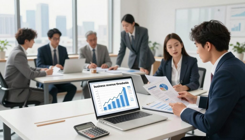 A visually striking illustration depicting the concept of "business revenue thresholds" for independent professionals. In the foreground, a modern office desk features a laptop showing a dynamic graph with upward trends, alongside financial documents and a calculator. The middle ground reveals a diverse group of professionals dressed in smart business attire, discussing strategies and analyzing data, exhibiting engagement and collaboration. In the background, a large window reveals a city skyline, symbolizing growth and opportunity. Soft, natural lighting cascades through the window, creating an inviting atmosphere. The image conveys a sense of professionalism and motivation, perfectly aligned with the themes of financial analysis in freelance business models. Capture this scene with a slight overhead angle to emphasize the workspace dynamics. A visually striking illustration depicting the concept of "business revenue thresholds" for independent professionals. In the foreground, a modern office desk features a laptop showing a dynamic graph with upward trends, alongside financial documents and a calculator. The middle ground reveals a diverse group of professionals dressed in smart business attire, discussing strategies and analyzing data, exhibiting engagement and collaboration. In the background, a large window reveals a city skyline, symbolizing growth and opportunity. Soft, natural lighting cascades through the window, creating an inviting atmosphere. The image conveys a sense of professionalism and motivation, perfectly aligned with the themes of financial analysis in freelance business models. Capture this scene with a slight overhead angle to emphasize the workspace dynamics.