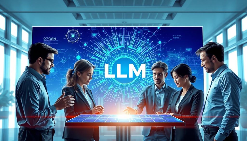A visually striking illustration displaying agents and large language models (LLMs) in the realm of artificial intelligence. In the foreground, a diverse group of professionals in business attire, focused and engaged, collaborate around a sleek digital interface showcasing LLM data flows and AI algorithms. The middle ground features an abstract representation of neural networks and data streams, illuminated with a blue and green glow to signify technology and innovation. In the background, a modern office environment with large windows allows natural light to filter in, creating an inspiring atmosphere. Emphasize clarity and knowledge sharing among the team, reflecting the essence of UMALIS GROUP. The overall mood should be one of exploration and collaboration, capturing the excitement of advancing AI technology.