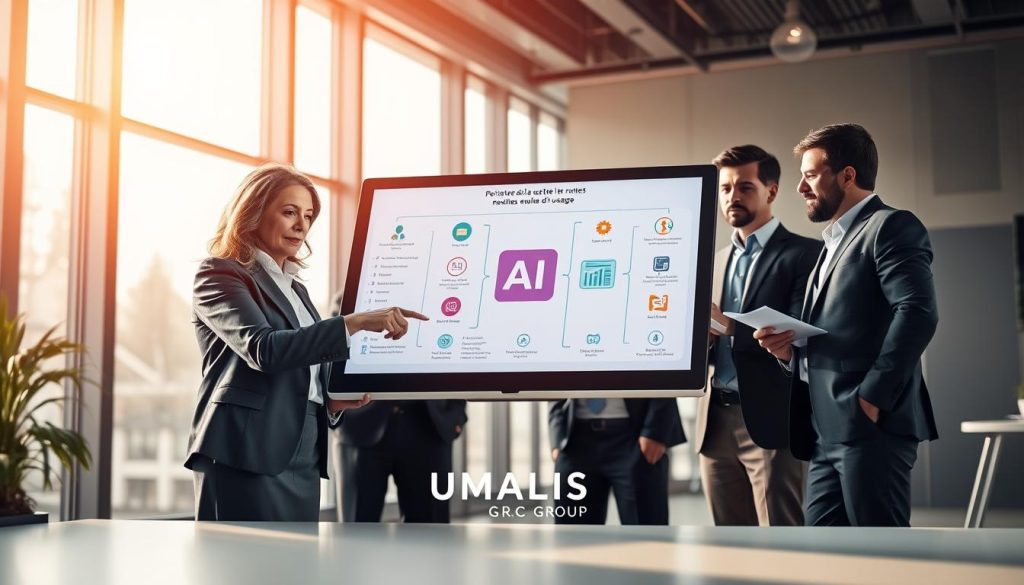 A visually striking illustration of the concept "Périmètre de la charte et règles d’usage", featuring a professional team of diverse individuals in business attire collaborating around a large digital tablet displaying a flowchart. In the foreground, focus on a middle-aged woman pointing at the chart, while a young man takes notes nearby. In the middle of the scene, show bright, engaging visuals of icons representing AI, guidelines, and workflow processes. The background features a modern office setting with large windows allowing soft, natural light to fill the space, creating a mood of professionalism and innovation. Subtle brand elements of "UMALIS GROUP" should be incorporated into the visuals. The composition should have a clear, dynamic angle, emphasizing teamwork and clarity in purpose.