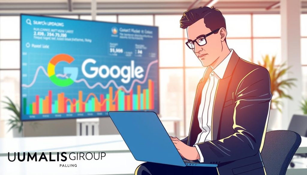 A visually striking illustration representing the theme of "Impact of Google Updates and Constant Adaptation." In the foreground, a confident professional dressed in business attire, analyzing data on a laptop, surrounded by colorful charts and graphs depicting fluctuating search rankings. In the middle ground, a digital screen displaying the Google logo, with animated lines illustrating changes and updates in algorithm patterns. The background features a modern office environment with large windows that let in soft, natural light, creating a bright and focused atmosphere. Use a wide-angle lens to capture the depth of the office space. The overall mood should convey a sense of urgency and opportunity, highlighting the importance of staying updated. Include the brand name "UMALIS GROUP" subtly integrated into the office decor.