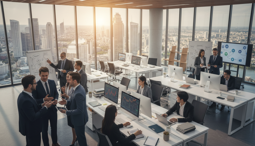 A visually striking image depicting various categories of professional services in a well-organized, modern office setting. In the foreground, a diverse group of professionals in business attire, engaged in animated discussions, representing different sectors like finance, consulting, and marketing. The middle ground features sleek desks with laptops, charts, and business documents, showcasing collaboration. In the background, large windows let in warm, natural light, illuminating a bustling urban landscape. The mood is dynamic and inspiring, reflecting innovation and teamwork. Use a wide-angle lens perspective to capture the vibrant atmosphere of a thriving professional environment, emphasizing clarity and detail in the scene.