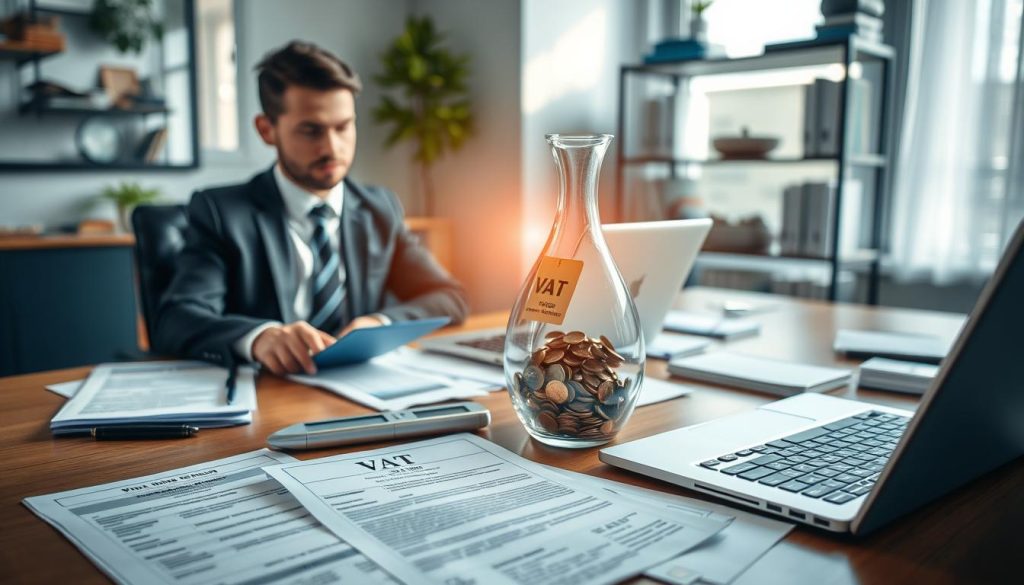 A visually striking image of a serene office workspace featuring an elegant table with financial documents scattered about, including a prominent VAT registration form. In the foreground, a professional-looking person in smart business attire is focused on calculating VAT, using a calculator and laptop. The middle ground showcases a clear glass vat filled with coins symbolizing tax contributions, illuminated softly by natural light streaming in from a nearby window. The background hints at an organized shelf with tax books and resources. The overall atmosphere should convey a sense of clarity and professionalism, reflecting the essence of effective tax management for freelancers. Add branding elements subtly showcasing "Umalis Group" on the workspace items.