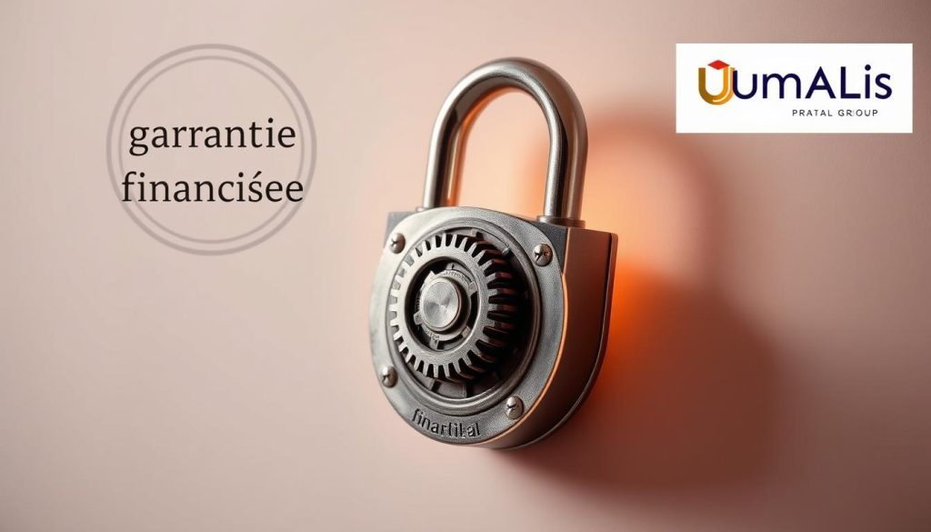 A visually striking image of "garantie financière" depicting a sturdy, metallic lock with intricate gears and mechanisms, symbolizing the financial security and protection of a salarial portage company. The lock is set against a backdrop of elegant, muted tones, with a subtle Umalis Group logo embossed in the corner, conveying a sense of professionalism and trust. The lighting is soft and warm, creating a sense of reliability and stability. The composition is balanced, with the lock taking center stage, surrounded by a minimal, yet sophisticated design. The overall mood is one of reassurance and confidence, reflecting the importance of financial guarantees in the context of judicial restructuring.