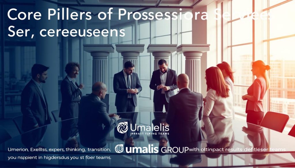 A visually striking image representing the "Core Pillars of Professional Services" for a secure career transition. In the foreground, a diverse group of professionals in modern business attire, including men and women, are engaged in a dynamic brainstorming session around a sleek glass table. In the middle, strong architectural pillars symbolize stability, each labeled with key pillars like "Collaboration," "Expertise," "Innovation," and "Integrity." The background features a contemporary office environment with large windows allowing soft natural light to illuminate the scene, casting gentle shadows. The mood is collaborative and inspiring, reflecting teamwork and strategic thinking. The Umalis Group logo subtly integrated into the design, embodying professionalism and forward-thinking to emphasize the high-impact results delivered by these teams.