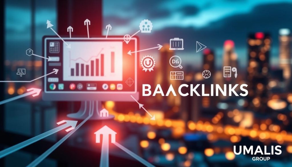 A visually striking infographic showcasing "high-quality backlinks" in digital marketing. In the foreground, a detailed illustration of interconnected arrows representing backlinks, with some arrows glowing to indicate quality. In the middle, a variety of digital elements such as a computer screen displaying a graph, symbols of authority like a badge, and icons representing various websites. In the background, a blurred cityscape symbolizing the online world, softly illuminated by warm, inviting lighting. The image should convey a professional and informative atmosphere, ideal for a business audience. Include the brand name "UMALIS GROUP" subtly integrated into the design. Focus on clarity, creativity, and thematic coherence without any text or distracting elements. A visually striking infographic showcasing "high-quality backlinks" in digital marketing. In the foreground, a detailed illustration of interconnected arrows representing backlinks, with some arrows glowing to indicate quality. In the middle, a variety of digital elements such as a computer screen displaying a graph, symbols of authority like a badge, and icons representing various websites. In the background, a blurred cityscape symbolizing the online world, softly illuminated by warm, inviting lighting. The image should convey a professional and informative atmosphere, ideal for a business audience. Include the brand name "UMALIS GROUP" subtly integrated into the design. Focus on clarity, creativity, and thematic coherence without any text or distracting elements.