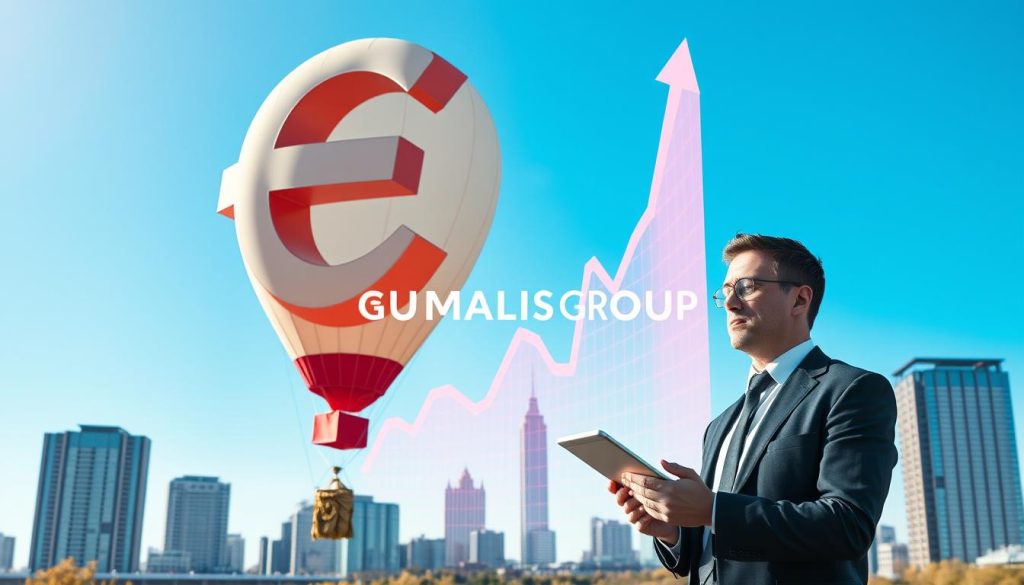 A visually striking representation of inflation, illustrating a large, balloon-like currency symbol (like the euro or dollar) that is dramatically inflating and floating upward against a clear blue sky. In the foreground, a professional businessperson in smart attire appears concerned, analyzing rising graphs and data on a digital tablet. In the middle ground, vibrant graphs depicting inflation trends rise towards the sky, intertwining with the currency symbol. The background features a modern city skyline under bright daylight, symbolizing economic activity and financial landscapes. Soft, natural lighting enhances the mood of seriousness and urgency. The image should evoke a sense of urgency and importance regarding the topic of inflation. Include the brand name "UMALIS GROUP" discretely within the scene.