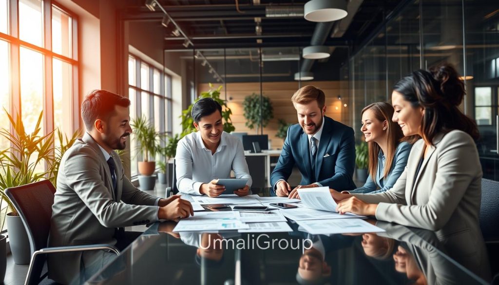A visually stunning workspace scene depicting business management services in action. In the foreground, a diverse group of four professionals—two men and two women—are engaged in a collaborative meeting, all dressed in smart business attire, focused on a digital tablet and documents spread out on a sleek conference table. The middle ground features a modern office environment with glass walls, greenery, and high-tech equipment symbolizing innovation. In the background, large windows let in warm, natural light, creating an inviting atmosphere. The mood is proactive and dynamic, representing the spirit of freelance success and teamwork. Subtle branding elements of "Umalis Group" can be integrated into the design, reflecting professionalism and creativity in the business landscape.