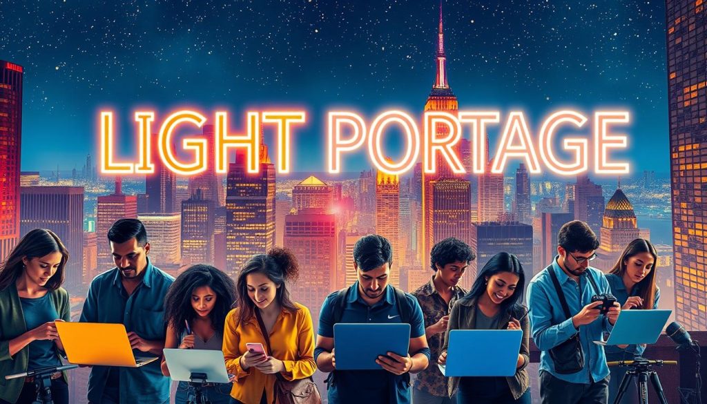 A vivid cityscape at night, with the iconic LIGHT PORTAGE logo illuminated in neon against a backdrop of towering skyscrapers and a starry sky. In the foreground, a group of diverse freelancers are engaged in various tasks, surrounded by a halo of warm, soft lighting that highlights their focused expressions and the essential tools of their craft - laptops, cameras, brushes, and more. The scene conveys a sense of energy, creativity, and the endless possibilities that await those who possess the key freelance skills: adaptability, self-discipline, problem-solving, and a entrepreneurial mindset.