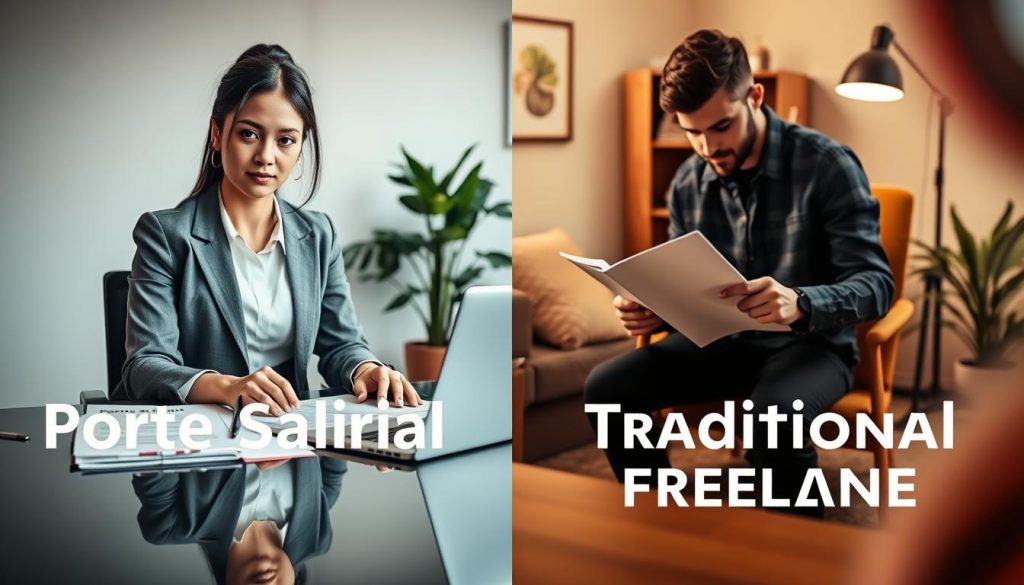 A vivid comparison of portage salarial and traditional freelance models, featuring a split scene. In the foreground, a professional woman in business attire sits at a modern desk with a laptop, surrounded by official documents and a "Umalis Group" project folder, symbolizing the stability of portage salarial. The background transitions to a cozy home office where a man in casual attire reviews freelance contracts, highlighting the independence of traditional freelancing. Soft, warm lighting enhances a productive atmosphere, with a slight lens blur on the edges to focus on the contrasting styles of work. The mood is contemplative, showcasing the distinct paths and benefits of each model clearly.