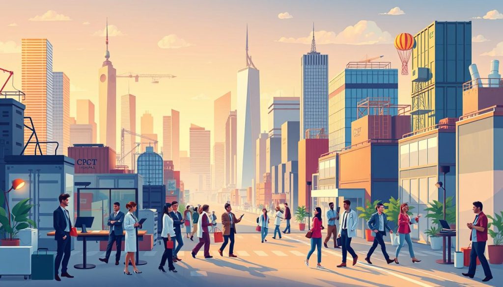 A vivid digital illustration depicting the professional sectors suitable for the Portage Salarial system. The image should showcase a diverse range of occupations and industries, including office workers, healthcare professionals, tradespeople, and entrepreneurs, all set against a backdrop of a modern cityscape with skyscrapers, bustling streets, and the symbolic elements of the Portage Salarial program. The composition should be balanced, with the foreground featuring the varied workforce, the middle ground showcasing the urban environment, and the background hinting at the broader economic and social context. Lighting should be warm and inviting, with a touch of dynamism to capture the energy and opportunity inherent in the system. The overall atmosphere should convey a sense of progress, inclusivity, and the empowerment of individuals through the Portage Salarial program.