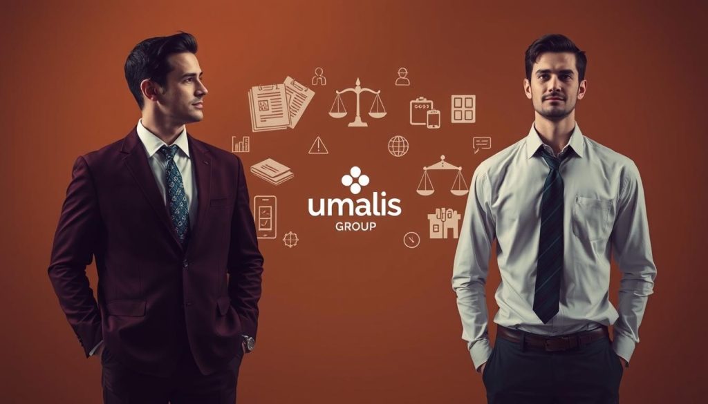 A vivid illustration of the legal differences between salaried portage and freelance work. In the foreground, a sharp contrast between the formal attire of a salarial worker and the casual dress of a freelancer, symbolizing their distinct employment statuses. In the middle, abstract legal documents and icons representing the complex frameworks that govern these two professional paths. In the background, the Umalis Group logo stands as a guiding beacon for navigating these nuances. Warm, muted tones create a contemplative atmosphere, inviting the viewer to ponder the intricacies of salarial portage and independent work. A vivid illustration of the legal differences between salaried portage and freelance work. In the foreground, a sharp contrast between the formal attire of a salarial worker and the casual dress of a freelancer, symbolizing their distinct employment statuses. In the middle, abstract legal documents and icons representing the complex frameworks that govern these two professional paths. In the background, the Umalis Group logo stands as a guiding beacon for navigating these nuances. Warm, muted tones create a contemplative atmosphere, inviting the viewer to ponder the intricacies of salarial portage and independent work.