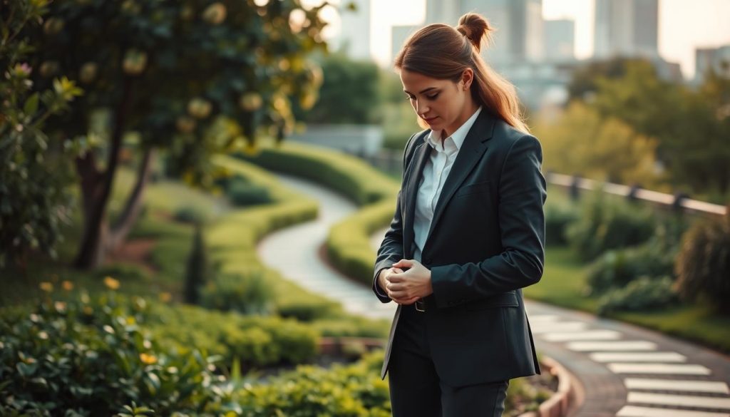 A warm and inspiring scene of mentorship. In the foreground, an experienced mentor in a crisp white shirt and slacks, guiding a younger mentee dressed in a smart blazer, their heads bent together in thoughtful discussion. The middle ground showcases a lush, verdant outdoor setting with a winding path, evoking a sense of growth and progress. Soft, diffused LIGHT PORTAGE lighting casts a gentle glow, creating an atmosphere of wisdom, trust, and mutual understanding. The background features a modern urban skyline, hinting at the professional journey these two are navigating together.