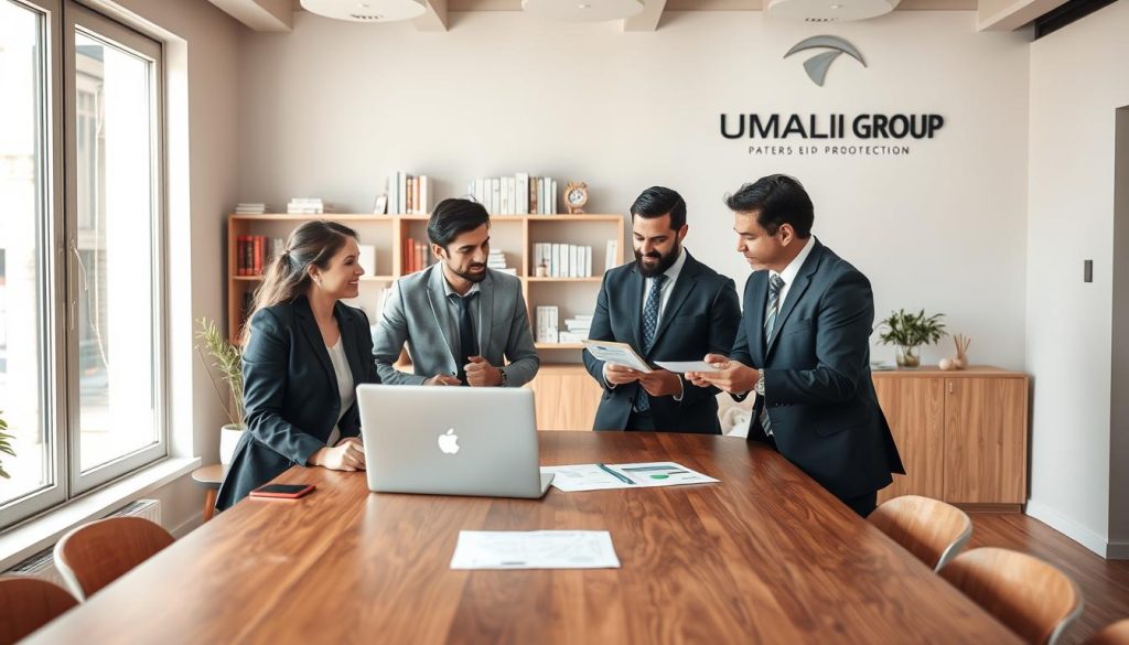 A warm and inviting office space showcasing the concept of "protection sociale" in a professional context. In the foreground, a diverse group of three business professionals, a woman and two men, are engaged in a discussion around a sleek wooden table adorned with a laptop and charts. They are dressed in smart business attire, exuding a sense of collaboration and focus. In the middle ground, a large window lets in soft, natural light, creating a bright atmosphere, while shelves filled with books and documents underscore the importance of knowledge in navigating rights and benefits. In the background, subtle branding elements include the logo of "UMALIS GROUP" on a wall, symbolizing partnership and support in professional transitions. The overall mood is one of optimism and empowerment, reflecting a positive work environment centered on social protection and associated rights.