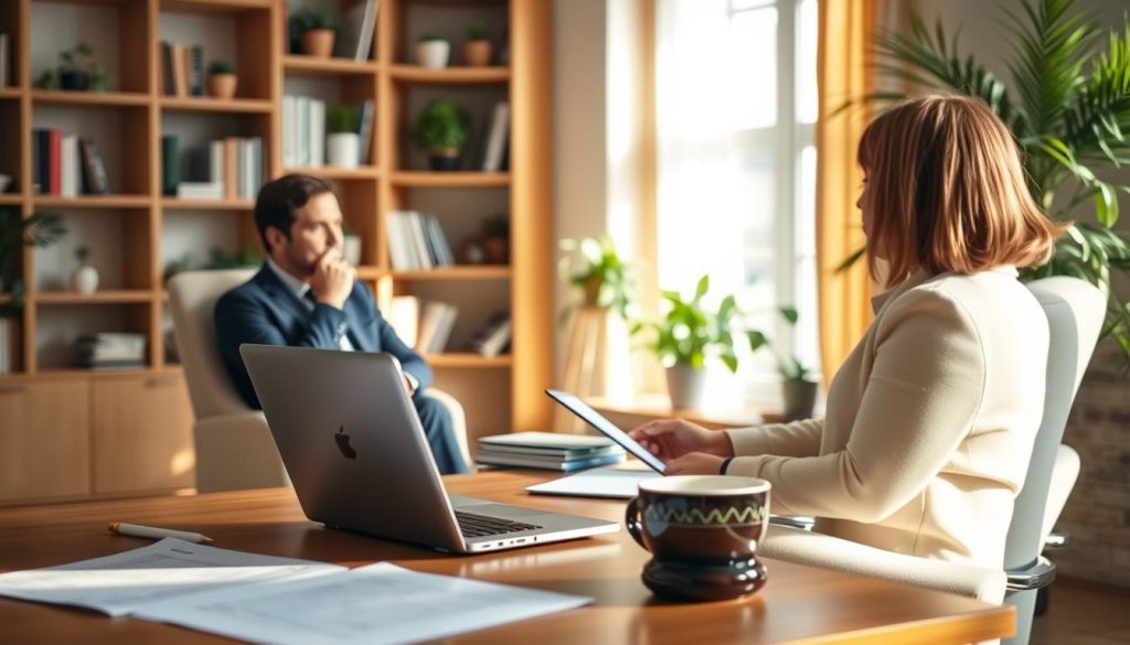 A warm, inviting office setting featuring a modern desk with a laptop, papers, and a mug of coffee. In the foreground, a person sitting in a comfortable chair, engaged in a thoughtful discussion with a client. The lighting is soft and natural, creating a sense of calm and productivity. In the background, bookshelves and plants add a touch of professionalism and warmth. The overall atmosphere conveys a personalized, attentive approach to personal support and consultancy.