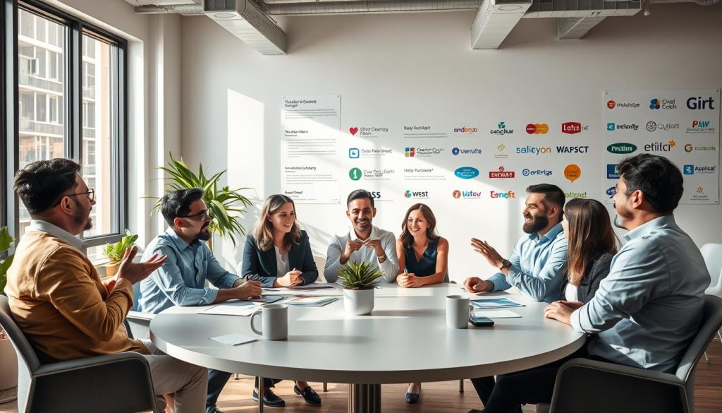 A warm, inviting office setting with a group of professionals engaged in a lively discussion about their experiences with Umalis Group's salary portage services. The foreground features a round table where a diverse team of consultants, entrepreneurs, and freelancers are seated, gesturing animatedly and exchanging personal testimonials. The middle ground showcases a modern, open-concept workspace with natural lighting streaming in through large windows, creating a sense of productivity and collaboration. In the background, a display wall showcases positive reviews, client logos, and accolades, reinforcing the company's reputation for excellence in the salary portage industry.