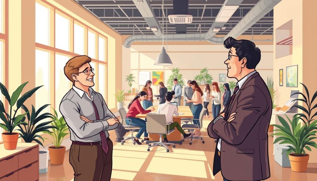 A warm, inviting office setting with natural lighting filtering through large windows. In the foreground, two professionals engaged in an animated discussion, their body language conveying a sense of mutual understanding and respect. In the middle ground, a group of colleagues gathered around a conference table, collaborating intently on a project. The background depicts a vibrant, bustling workspace, where colleagues casually interact, fostering a culture of camaraderie and connectivity. The overall atmosphere exudes a palpable sense of meaningful professional relationships, where ideas are exchanged, challenges are navigated, and growth is nurtured.