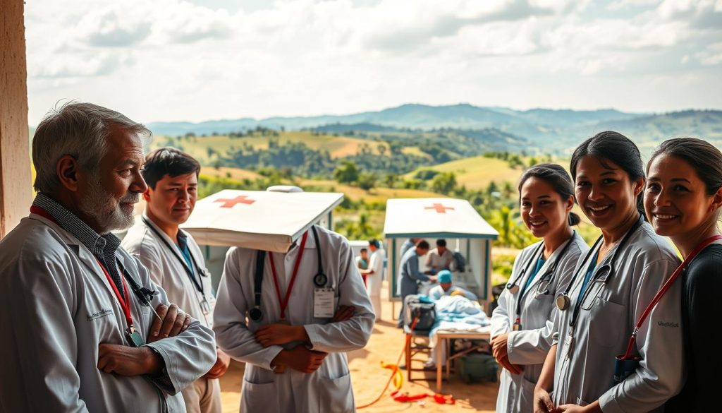 A warm, inviting scene of medical professionals engaged in humanitarian missions, captured in a cinematic style. In the foreground, a group of Umalis Group medical volunteers earnestly discussing their experiences, expressions filled with purpose and compassion. The middle ground features a bustling field hospital, with doctors and nurses tending to patients amid a crisp, natural light. In the background, a picturesque landscape of rolling hills and lush greenery, conveying a sense of tranquility and healing. The overall mood is one of dedication, camaraderie, and the profound impact of these vital medical missions.