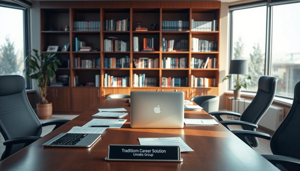 A warm, professional office setting showcasing traditional career transition solutions. In the foreground, a desk displays a laptop, documents, and a nameplate reading "Umalis Group". Ergonomic office chairs surround the desk, inviting collaboration. The middle ground features bookshelves filled with relevant career guides and resources. Large windows in the background offer natural light, casting a serene, contemplative atmosphere. The color palette is muted, with accents of wood and earth tones, conveying a sense of stability and professionalism. Overall, the image projects an environment conducive to thoughtful career exploration and guidance.