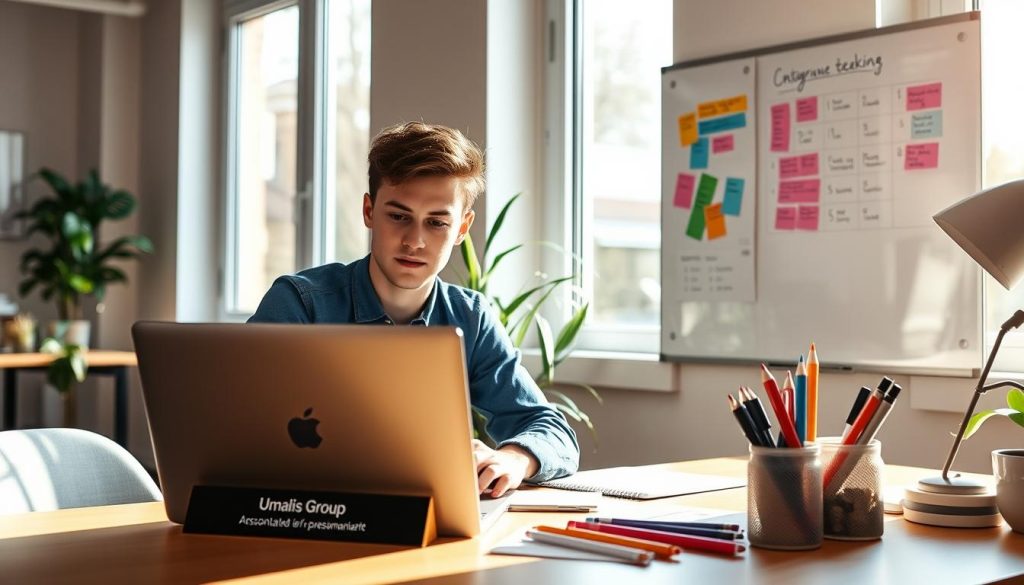 A warm, vibrant office setting with a young professional at a desk, intently focused on their laptop. Soft natural lighting filters through large windows, casting a cozy glow. In the background, a wall-mounted whiteboard displays colorful project notes and schedules, hinting at collaborative work. On the desk, a nameplate reads "Umalis Group" alongside a variety of stationery items, suggesting personalized guidance and support. The overall atmosphere conveys a sense of productive, tailored assistance - the essence of "accompagnement personnalisé".