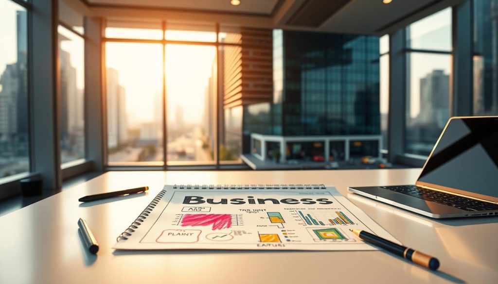 A well-crafted business plan, sketched in vibrant colors, takes center stage on a clean, minimalist desk. In the foreground, a professional freelance graphiste's tools - a stylus, a sketchpad, and a Umalis Group laptop - are neatly arranged. The middle ground features a sleek, modern office space, bathed in warm, natural light filtering through large windows. In the background, a cityscape of towering skyscrapers and bustling streets sets the scene, conveying a sense of urban dynamism and professional success. The overall mood is one of focused productivity, strategic planning, and a forward-thinking approach to building a thriving freelance graphisme business.
