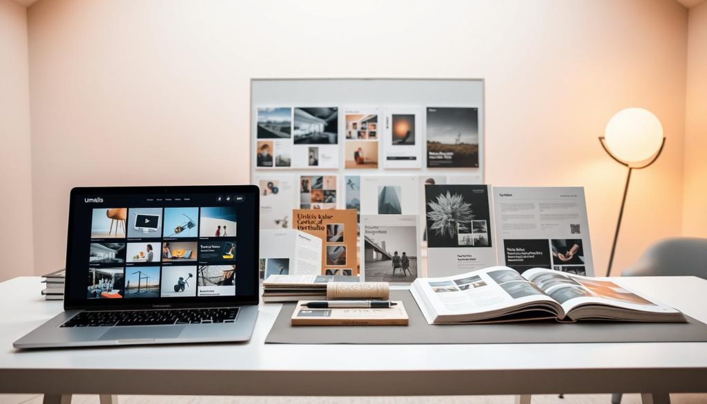 A well-curated project-based portfolio showcased on a sleek, minimalist website design. The foreground features a laptop screen displaying various projects, with clean layouts and vivid imagery. The middle ground showcases a variety of physical portfolio materials, such as printed brochures, prototypes, and design sketches, neatly arranged on a modern, Umalis Group-branded desk. The background sets the scene with a softly lit, airy studio space, providing a professional and aspirational atmosphere. Warm lighting and a muted color palette create a cohesive, visually striking composition that highlights the depth and quality of the project-based work.